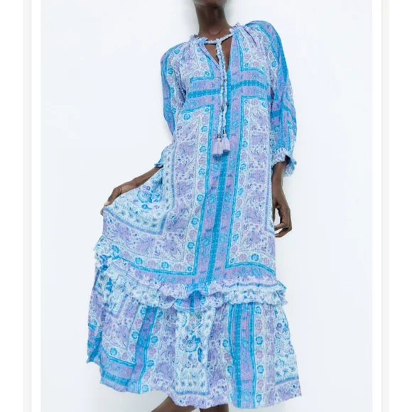 Zara* Printed Blue Midi Boho Dress - Picture 1 of 11
